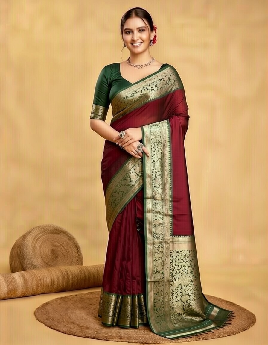 Maroon soft silk blend saree with zari woven 7040