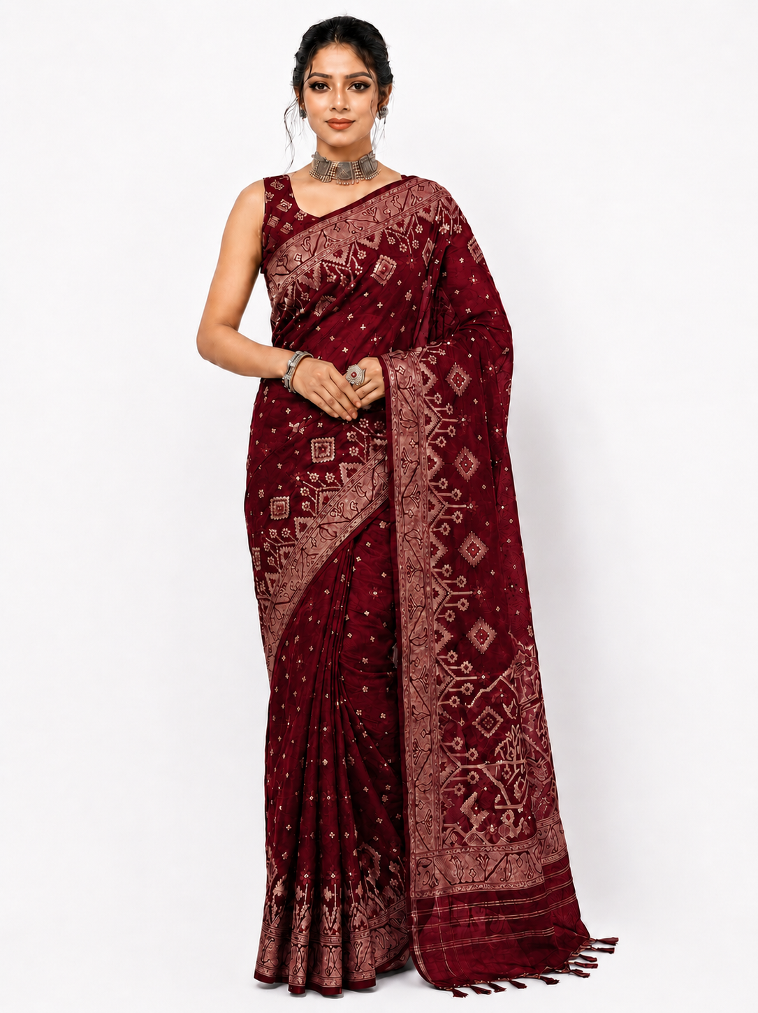 মেরুন সুতির জামদানি শাড়ি 7053