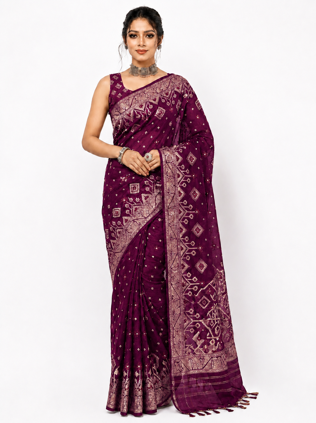 বেগুনি সুতি জামদানি শাড়ি 7052